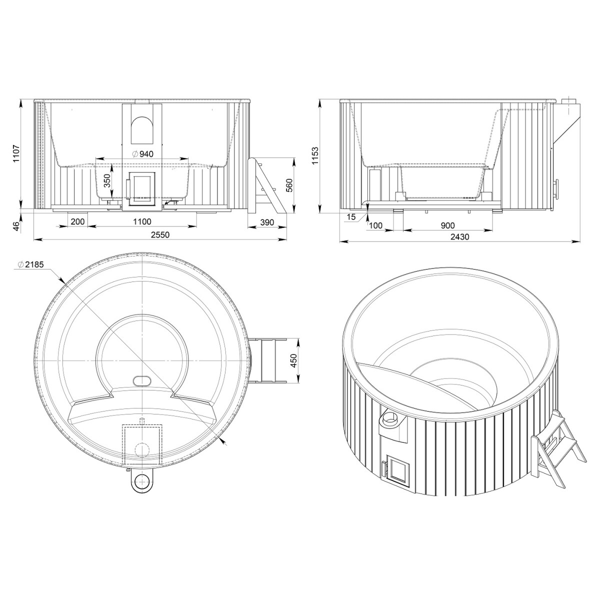 Купель круглая PolarSpa Элит KFE220TP Термососна, интегрированная дровяная печь